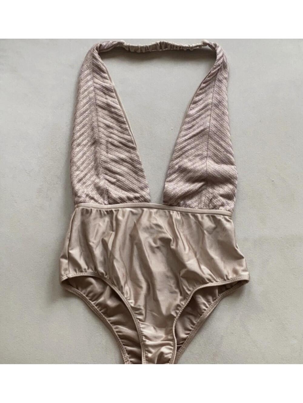 UO Out From Under PLUNGE All That Glitters Halter Champagne One Piece Swim Small